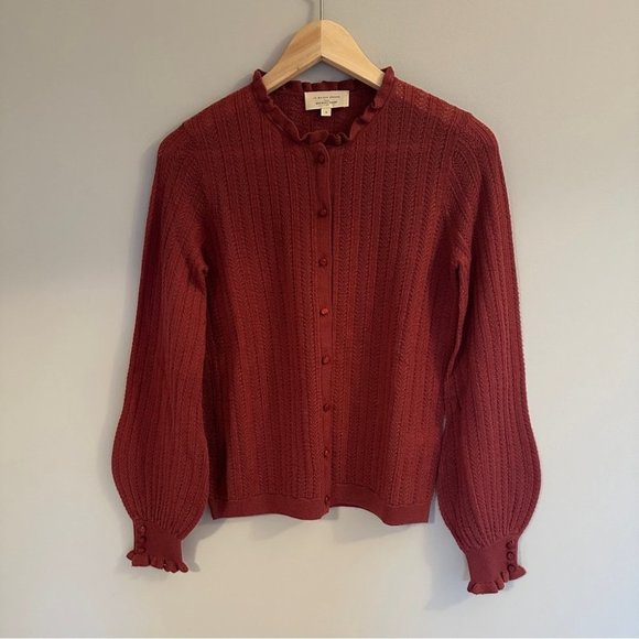 EUC Sezane Louis Ruffle Sleeve Cardigan in Rosewood Pink Merino Wool | size L - Picture 4 of 10